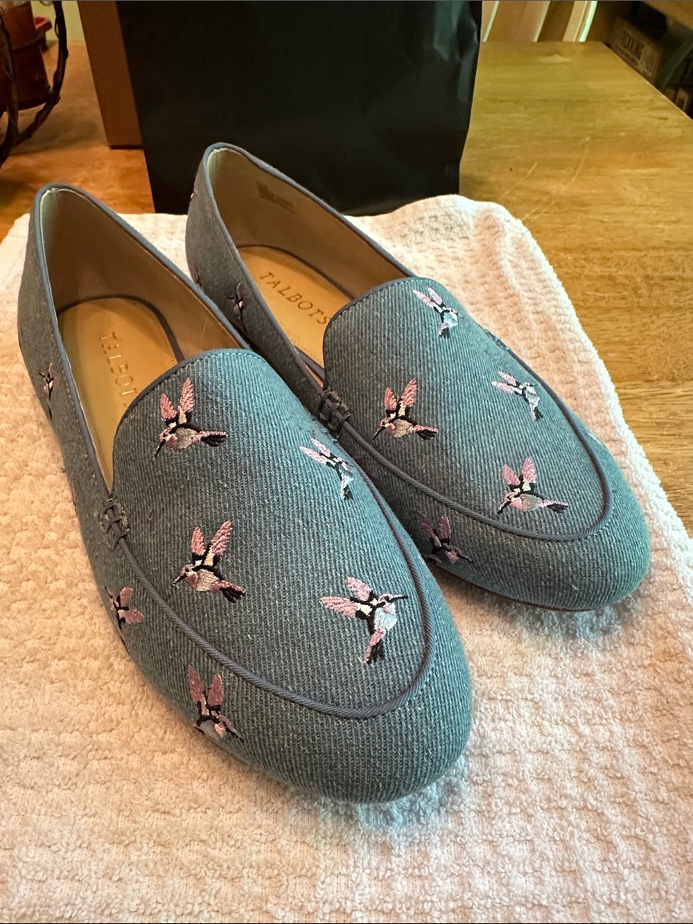 Talbots Denim Blue Embroidered Hummingbird Loafers